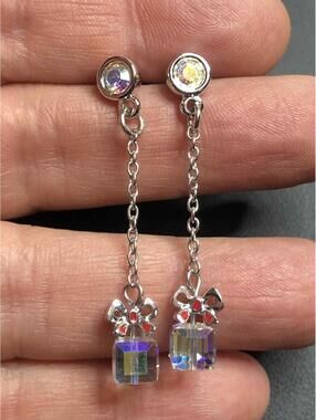 6639 Swarovski silvertone dangling AB Aurora crystal swan present bow Earrings